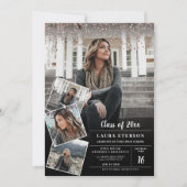 Invitation Moderne noir rose en or confetti photo graduation (Devant)