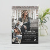 Invitation Moderne noir rose en or confetti photo graduation (Debout devant)