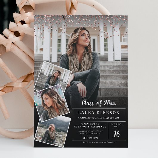Invitation Moderne noir rose en or confetti photo graduation