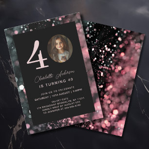 Invitation Moderne, Noir, Rose, Paillettes, Photo, 40e annive