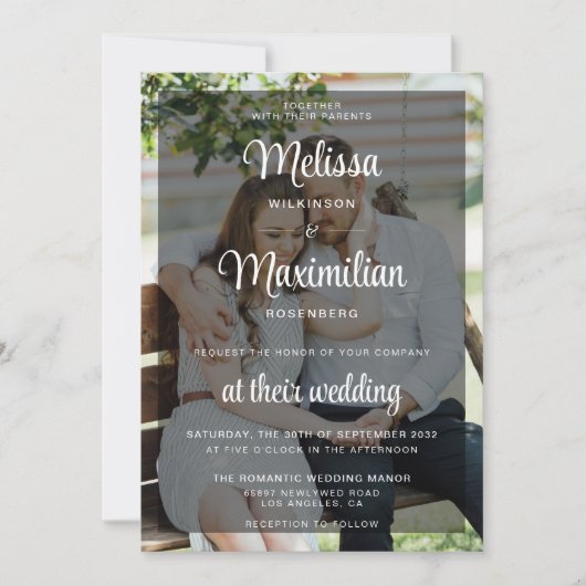 Invitation Moderne noir transparent chic 2 photo QR Code RSVP (Devant)