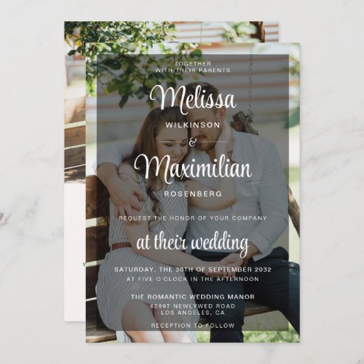 Invitation Moderne noir transparent chic 2 photo QR Code RSVP (Devant / Derrière)