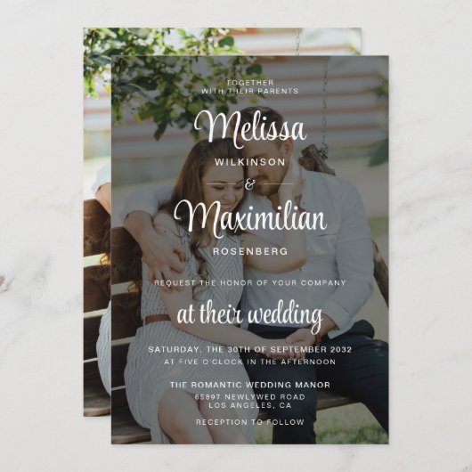 Invitation Moderne noir transparent photo simple mariage (Devant / Derrière)