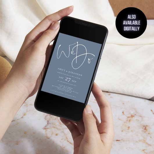 Invitation Moderne Nous faisons Script Dusty Blue QR Code Mar