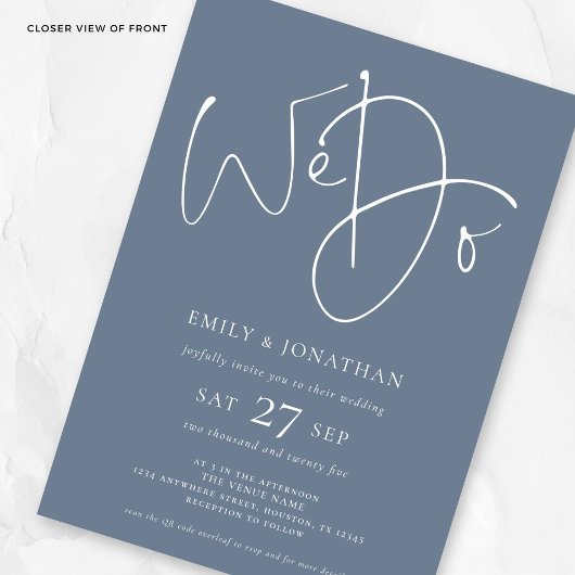 Invitation Moderne Nous faisons Script Dusty Blue QR Code Mar