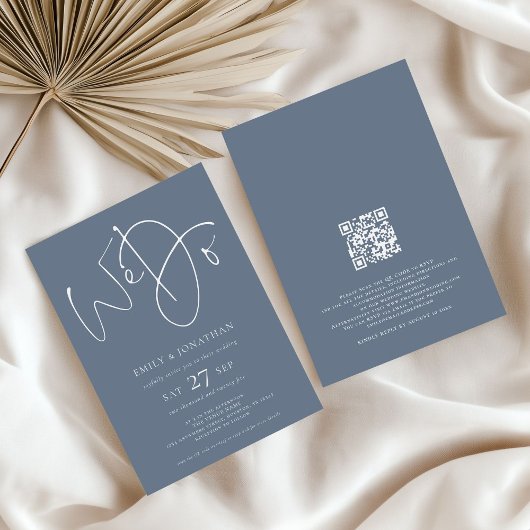 Invitation Moderne Nous faisons Script Dusty Blue QR Code Mar