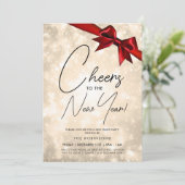 Invitation MODERNE Nouvel An Eve Gold Champagne Bokeh Red Bow (Debout devant)