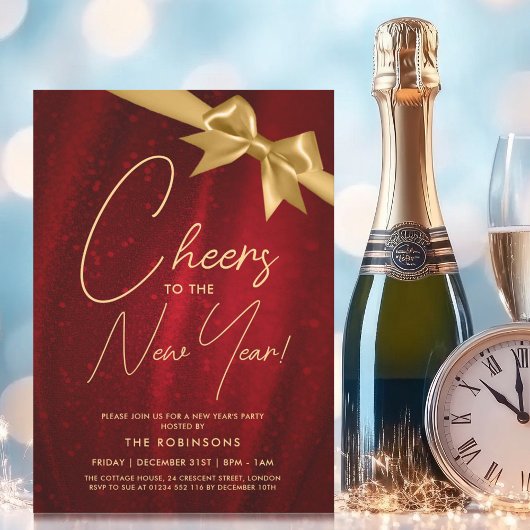 Invitation MODERNE Nouvel An Eve Gold Red Sparkle Bow