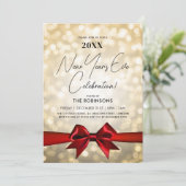 Invitation MODERNE Nouvel An Sove Party Gold Bokeh Red Bow (Debout devant)
