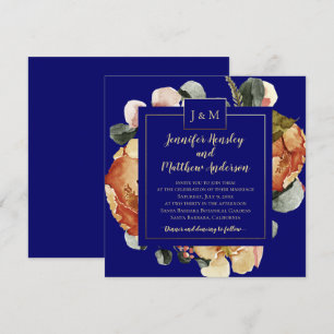 Invitation Moderne Octobre Blooms Marine Blue Monogram Mariag