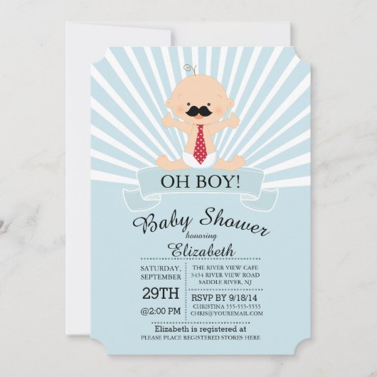 Invitation Moderne Oh Boy Mustache Boys Baby shower (Devant)