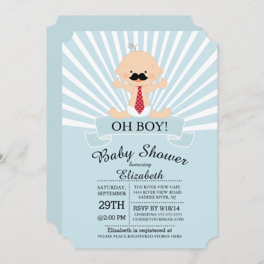 Invitation Moderne Oh Boy Mustache Boys Baby shower (Devant / Derrière)