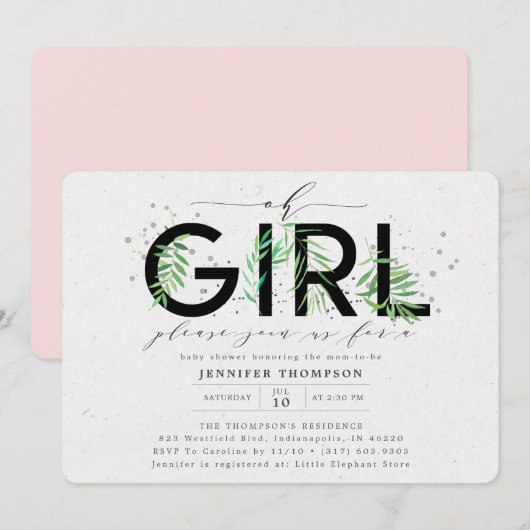 Invitation Moderne Oh Girl Blush Baby shower de verdure tropi (Devant / Derrière)