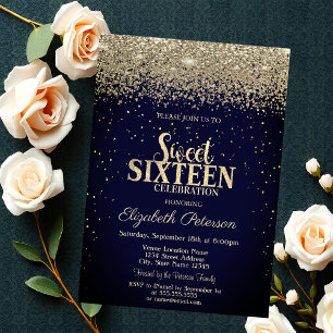 Invitation Moderne Or Diamants Confettis Bleu Sweet 16