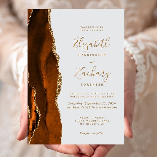 Invitation Moderne Orange Brûlé Or Agate Gris Pâle Mariage