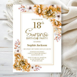 Invitation Moderne Orange Floral Surprise 18ème anniversaire