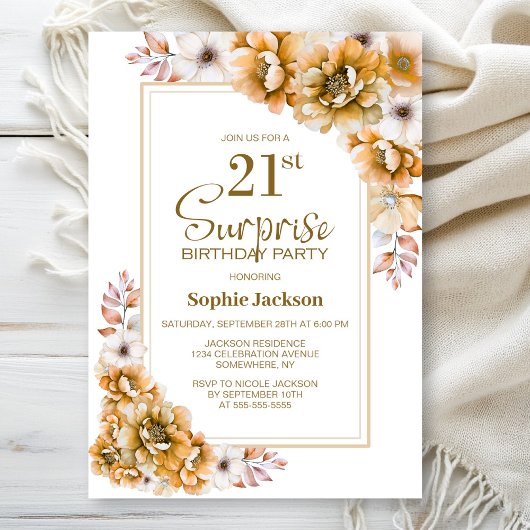 Invitation Moderne Orange Floral Surprise 21ème anniversaire