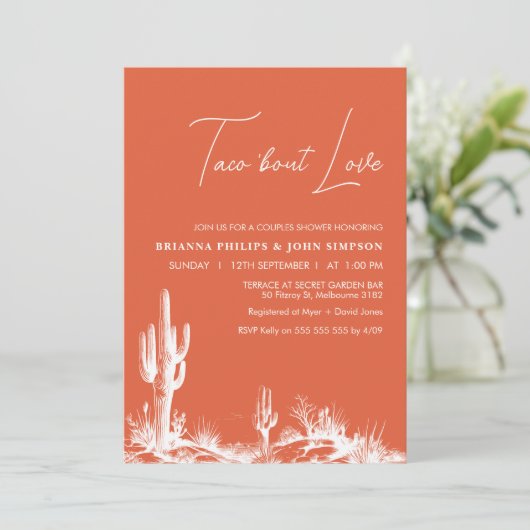 Invitation Moderne Orange Taco 'Bout Love Couple Shower (Debout devant)