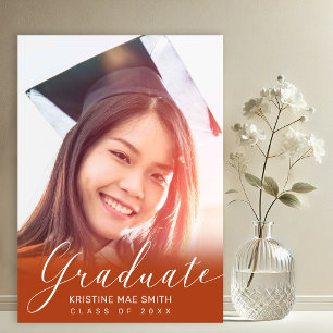 Invitation Moderne Orange White Calligraphie Photo Graduation