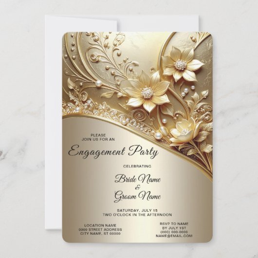 Invitation Moderne Orné Or Fleurs avec Perles Alliance (Devant)