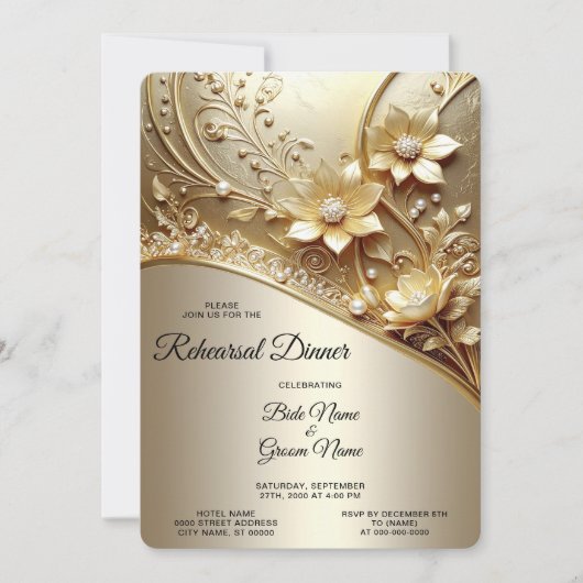 Invitation Moderne Orné Or Fleurs avec Perles de Répétition (Devant)