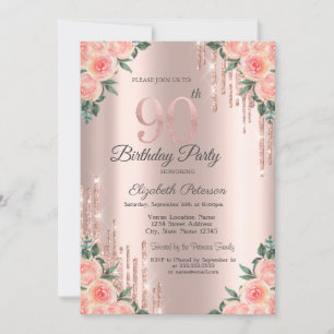 Invitation Moderne Paillettes Gouttes Floral Or Rose 90ème
