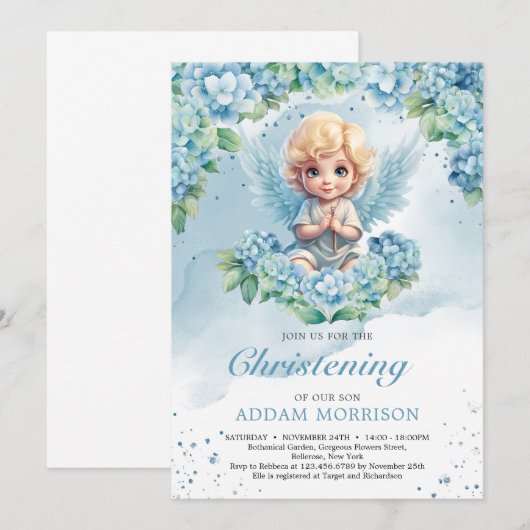 Invitation Moderne pastel bleu hydrangea garçon ange (Devant / Derrière)