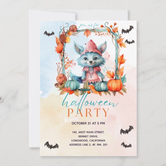 Invitation Moderne Pastel Citrouille Patch Fox Halloween Part (Devant)