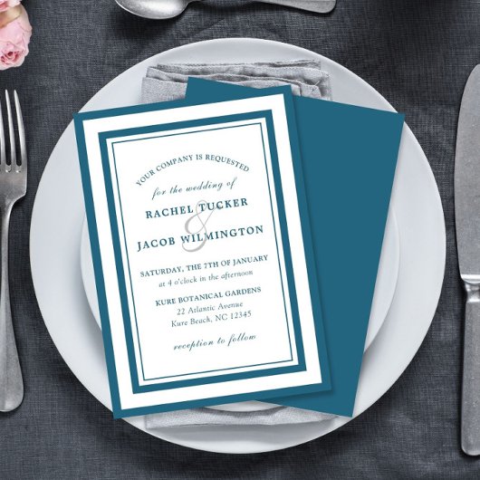 Invitation Moderne Patine Bleu & Blanc Bordure Simple Mariage