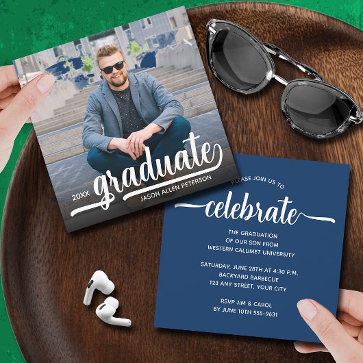 Invitation Moderne Photo Blue Graduation