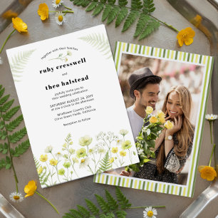 Invitation Moderne Photo de Mariage à Rayures de Fleurs Sauva