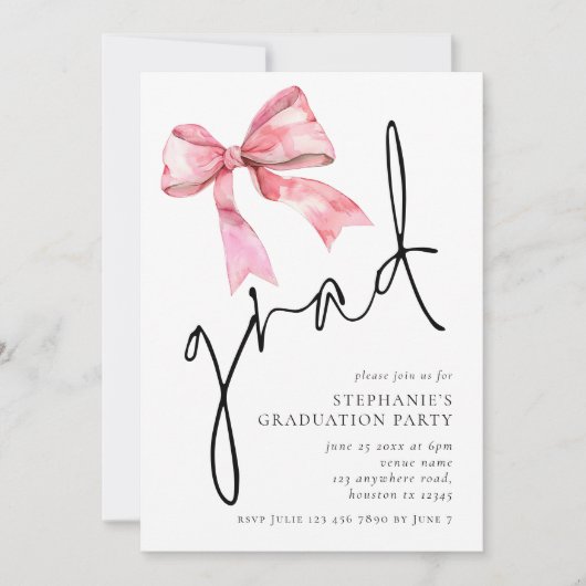 Invitation Moderne Pink Bow Script Grad Graduation (Devant)