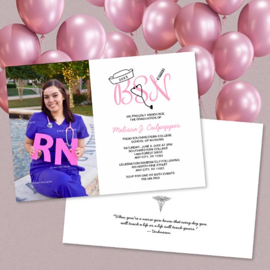 Invitation Moderne Pink BSN graduation infirmière