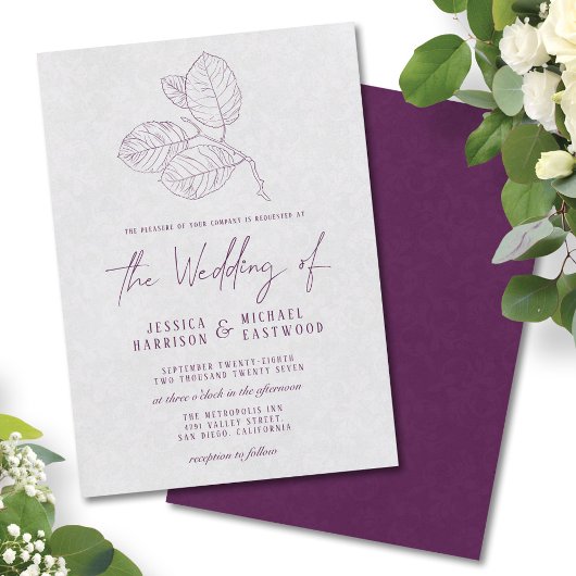 Invitation Moderne Plum Argent Grey Botanique Mariage élégant