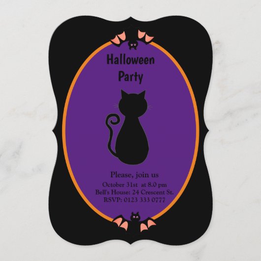 Invitation moderne pour Halloween avec chat noir e (Devant)