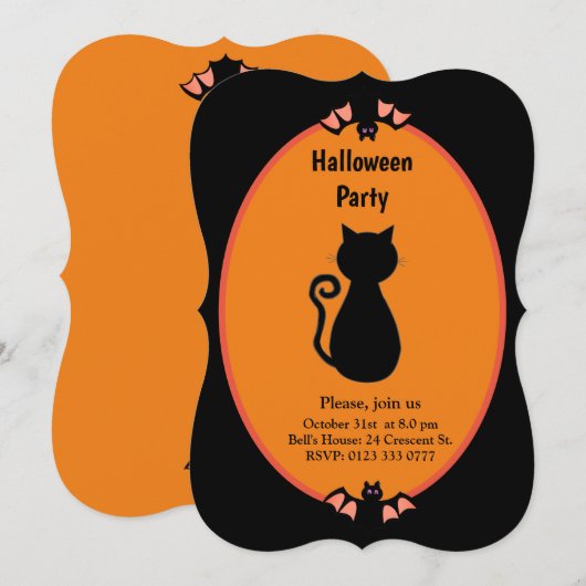 Invitation moderne pour Halloween avec chat noir e (Devant / Derrière)