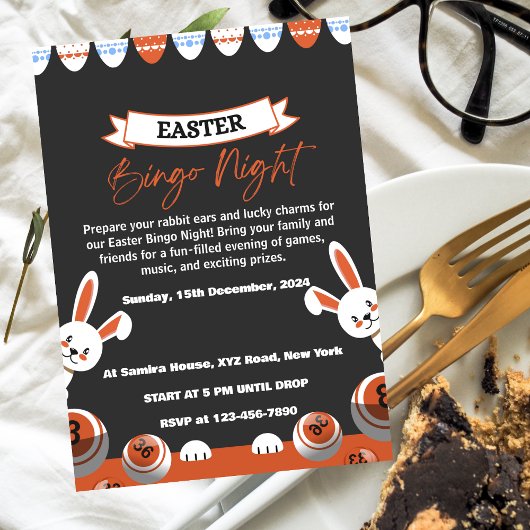 Invitation moderne pour soirée Bingo gris et orang