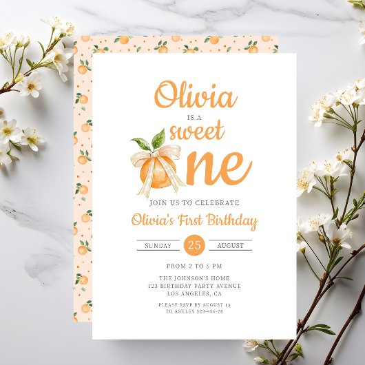Invitation Moderne premier anniversaire doux orange citrus