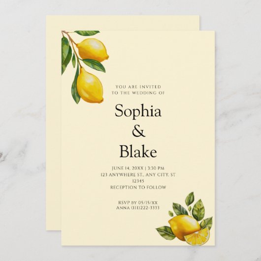 Invitation Moderne Printemps Thème Citron Citrus Jaune Mariag (Devant / Derrière)