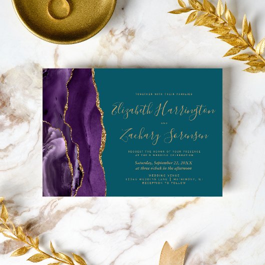 Invitation Moderne Purple Gold Agate Mariage Turquoise