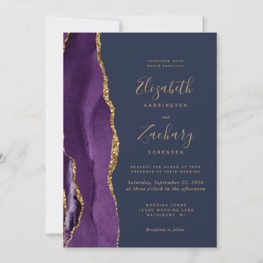 Invitation Moderne Purple Gold Agate Marine Mariage bleu (Devant)