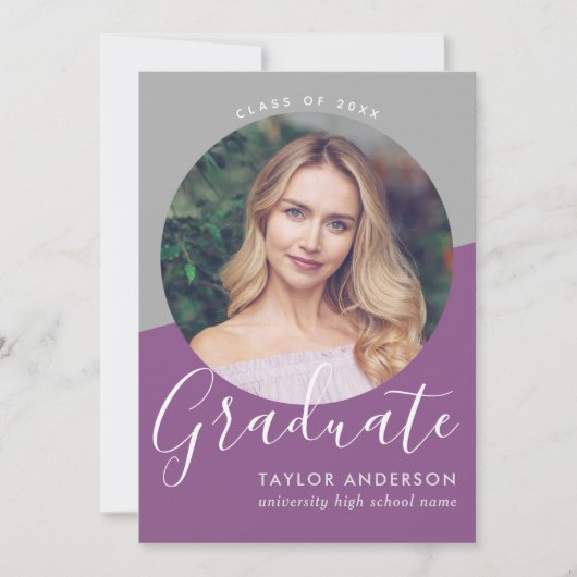 Invitation Moderne Purple Grey Girl Photo Graduation (Devant)