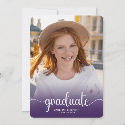 Invitation Moderne Purple script minimum 4-Photo Graduation (Devant)