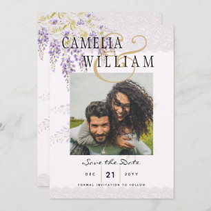 Invitation Moderne Purple Wisteria PHOTO Mariage Enregistrer