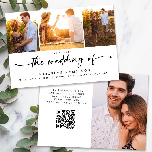 Invitation Moderne quatre photos QR Code RSVP Mariage