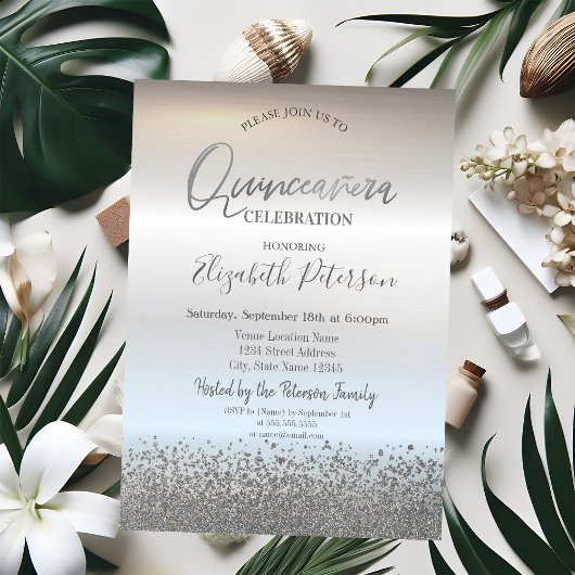 Invitation Moderne Quinceañera Cool Silver Diamonds