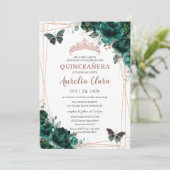 Invitation Moderne Quinceañera Emerald Vert Floral Rose Or (Debout devant)