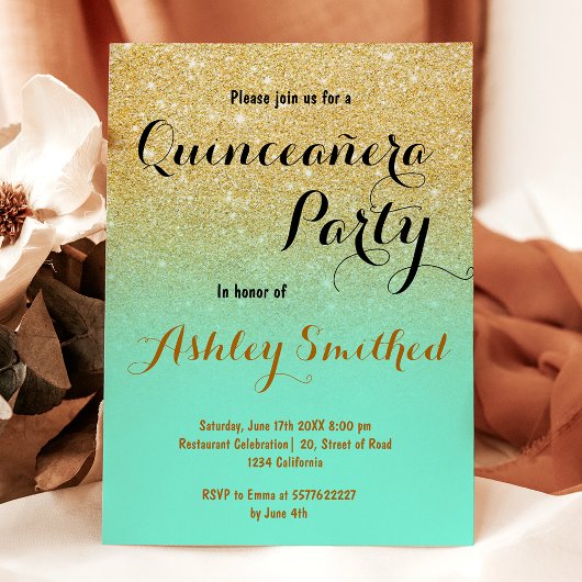 Invitation Moderne Quinceañera fille dorée pailletée vert men