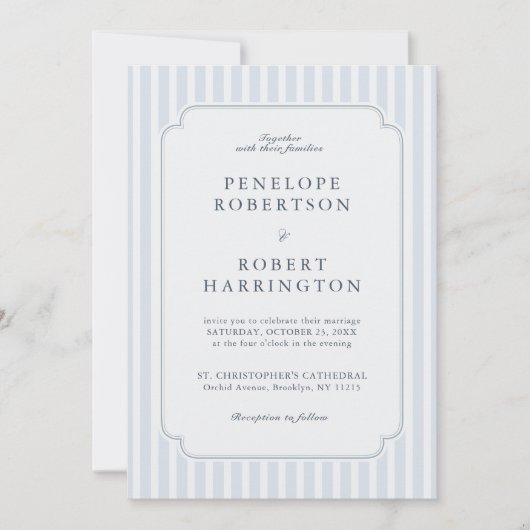 Invitation Moderne Rayures Classiques Bleu Poussiéreux Code Q (Devant)
