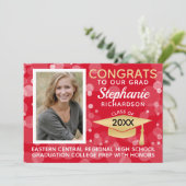 Invitation Moderne Red Gold Bokeh Bubbles Photo Graduation (Debout devant)